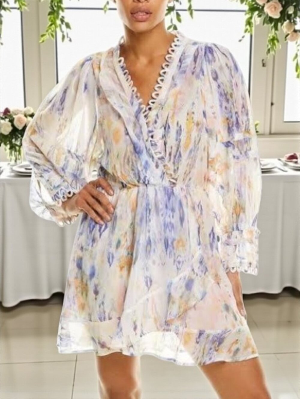 Avantlook Ruffle Chiffon Dress L Multicolor Long Sleeve Mini